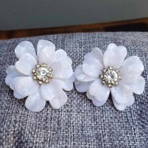 J Crew White Resin Full Bloom Earrings with Crystal Centers